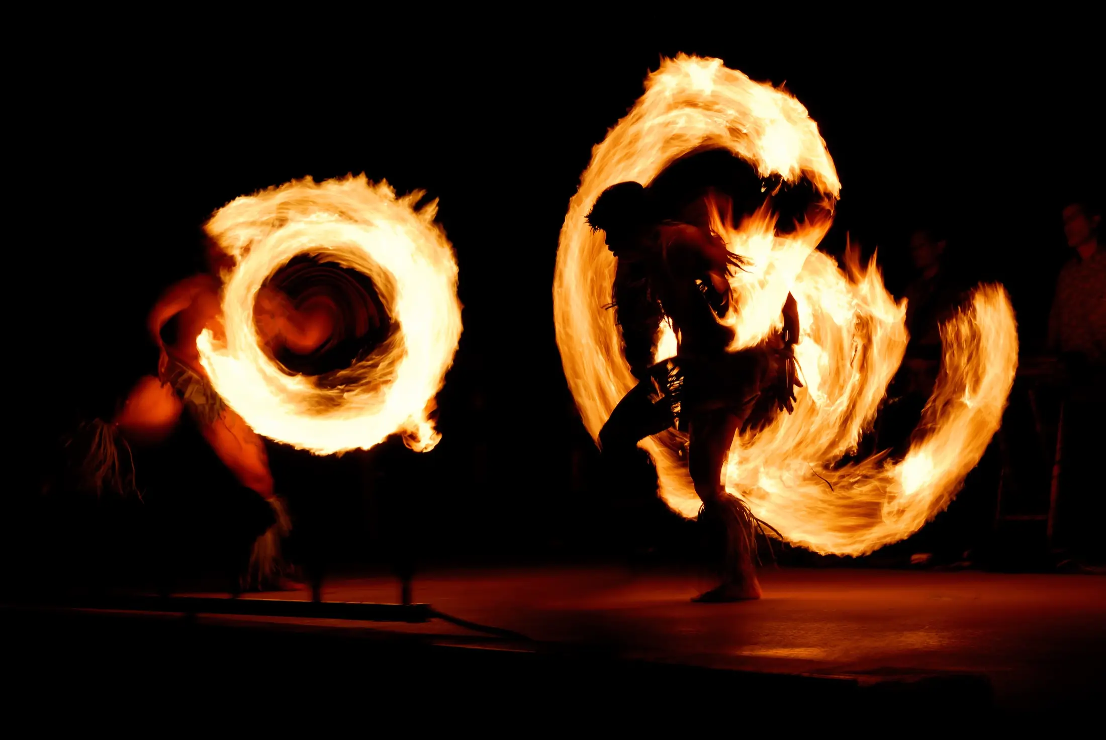 Hawaiian fire dancers performing against the night