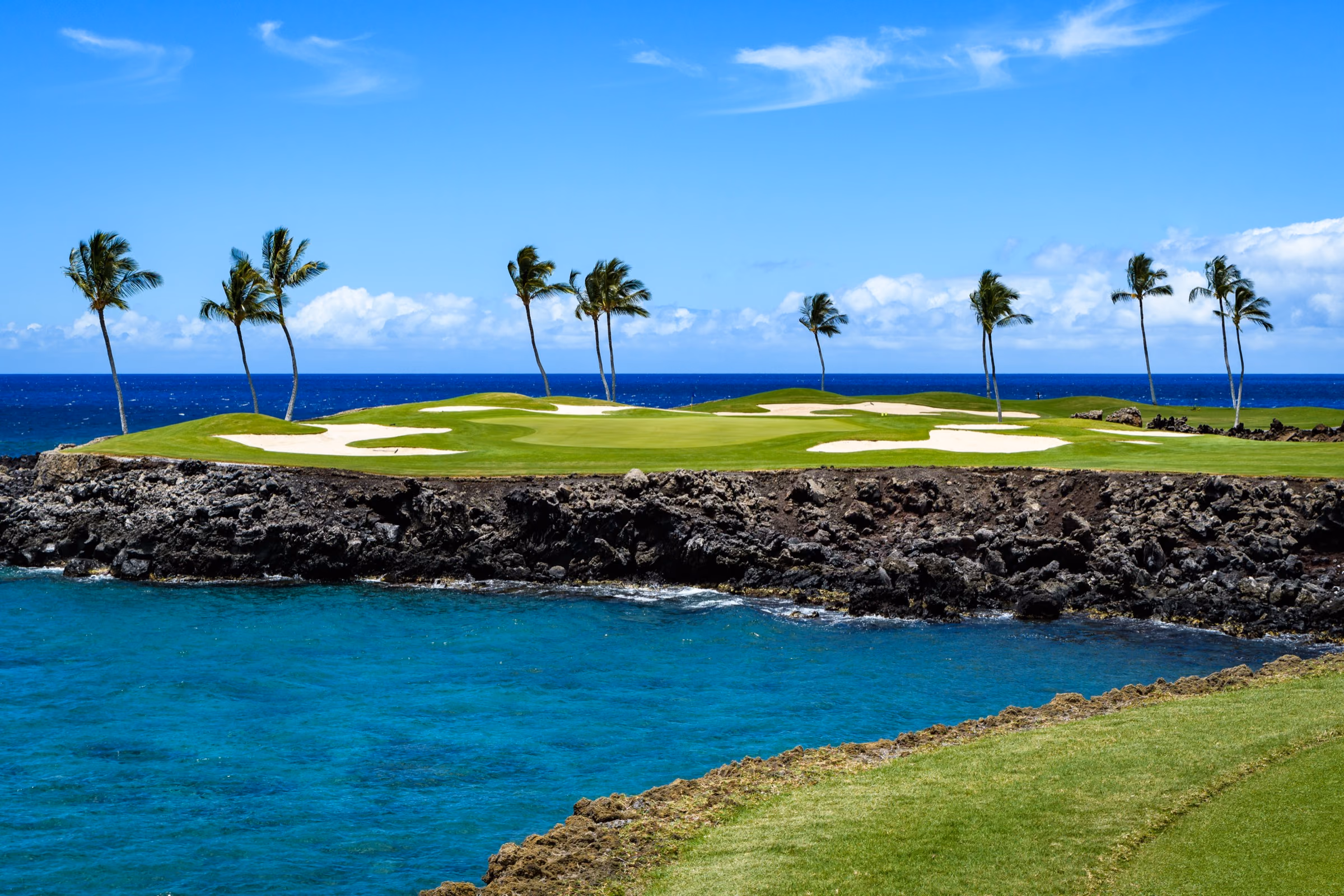 Oceanfront fairway on the black lava coast of Hawaiʻi Island, framed by palms
