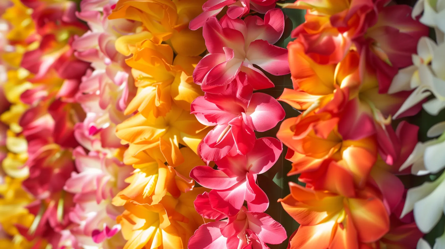 Rows of vibrant fresh flower lei in pink, orange, yellow, and white