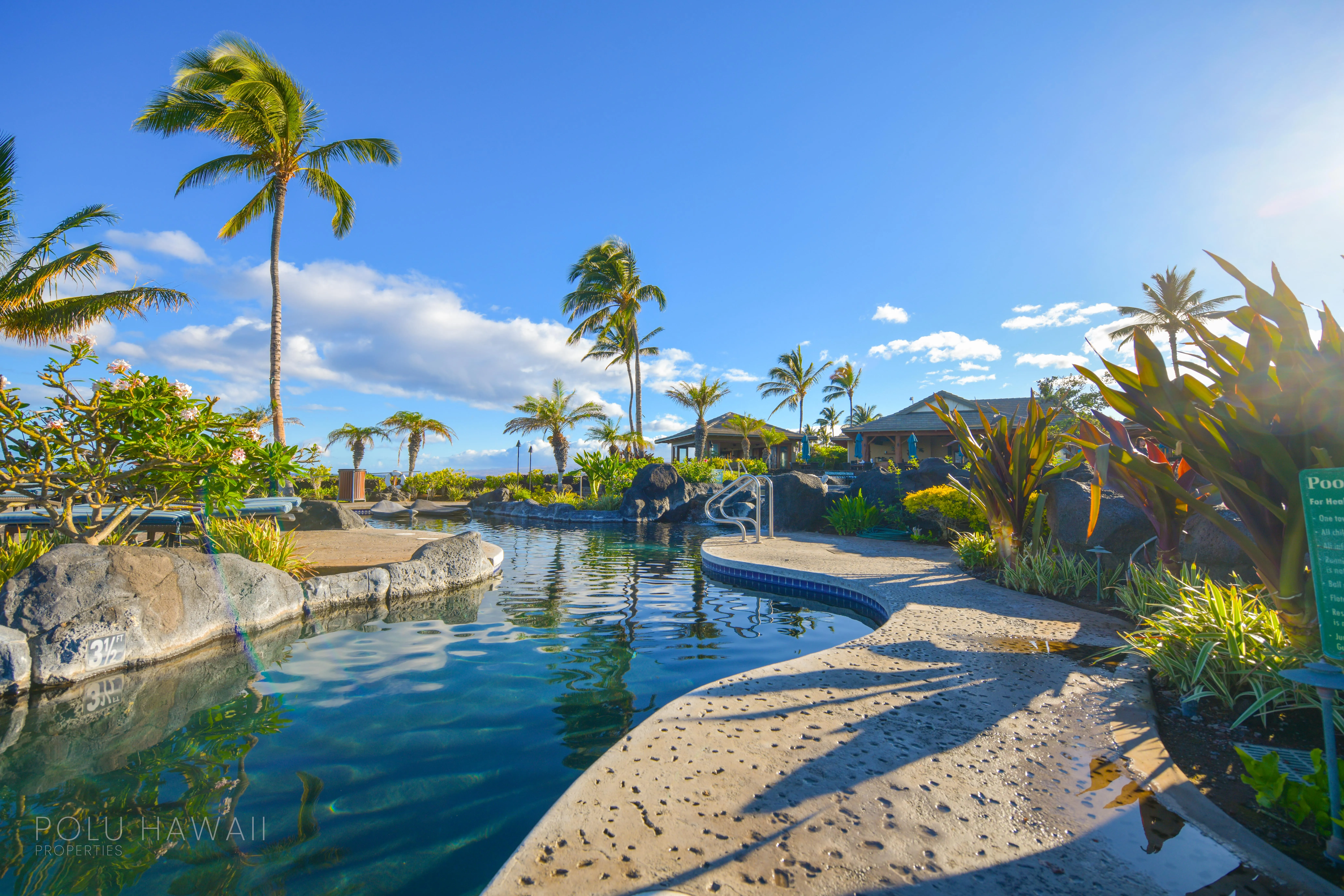 The Ocean Club lagoon pool framed by palms at Haliʻi Kai, Waikoloa Beach Resort
