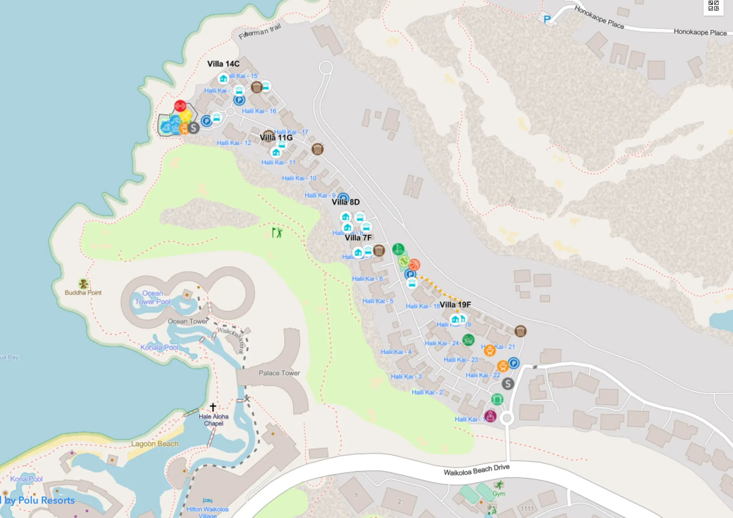 Interactive map of the Haliʻi Kai community at Waikoloa Beach Resort, with villas and amenities marked