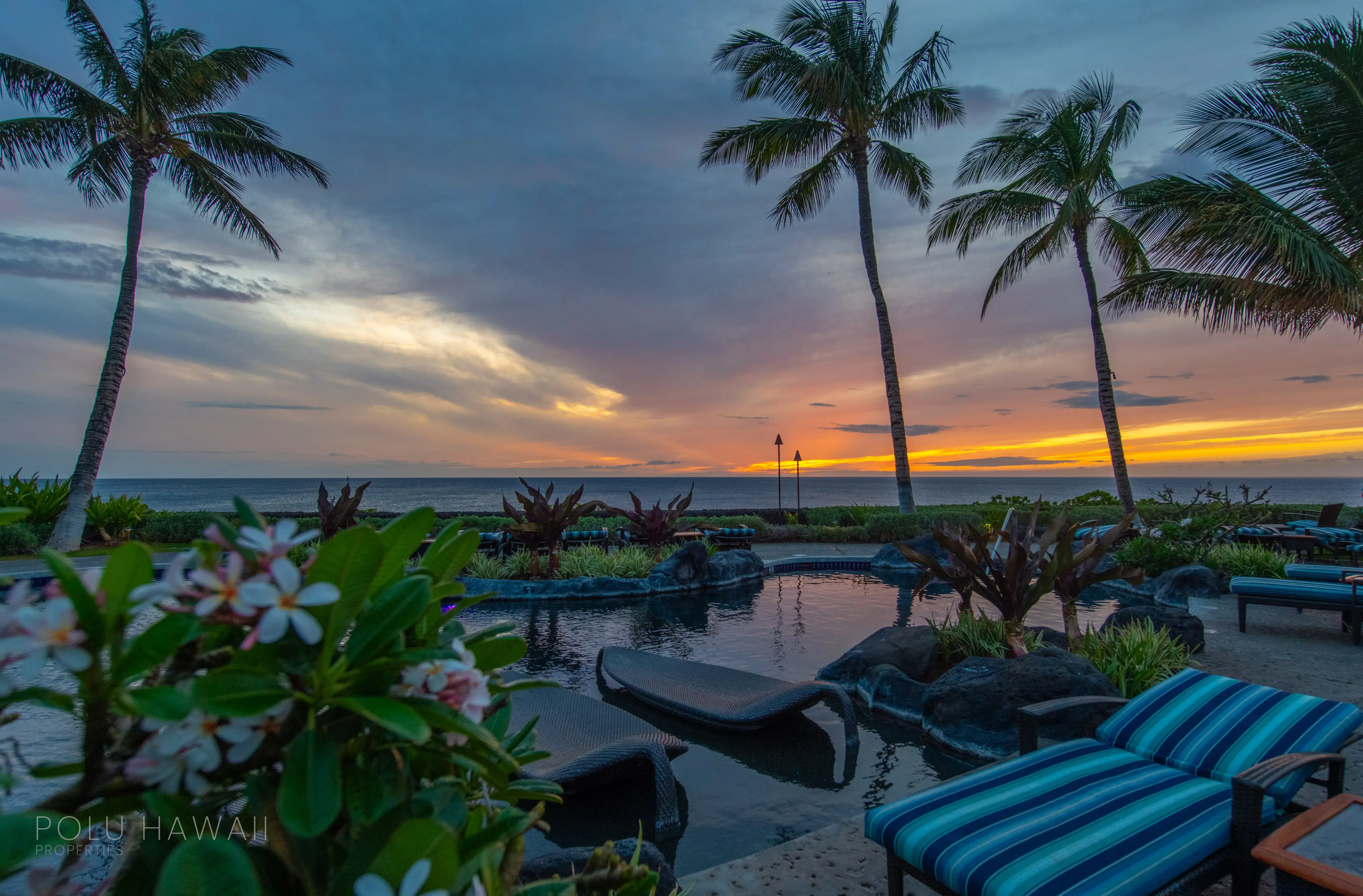 Sunset over the ocean from the Ocean Club pool at Haliʻi Kai, Waikoloa Beach Resort