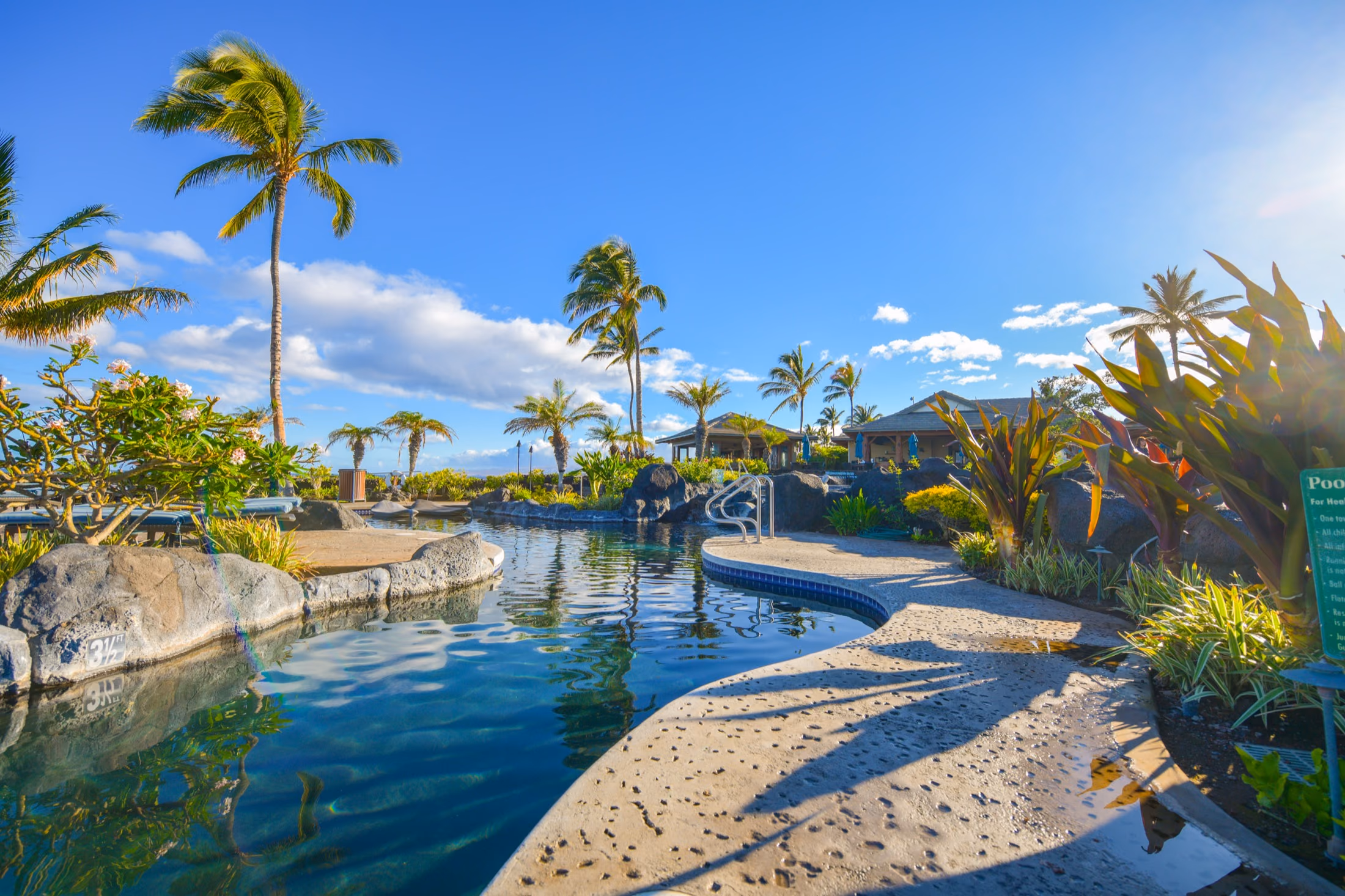 Palm-fringed lagoon pool at a Polu Resorts property on Hawaiʻi Island