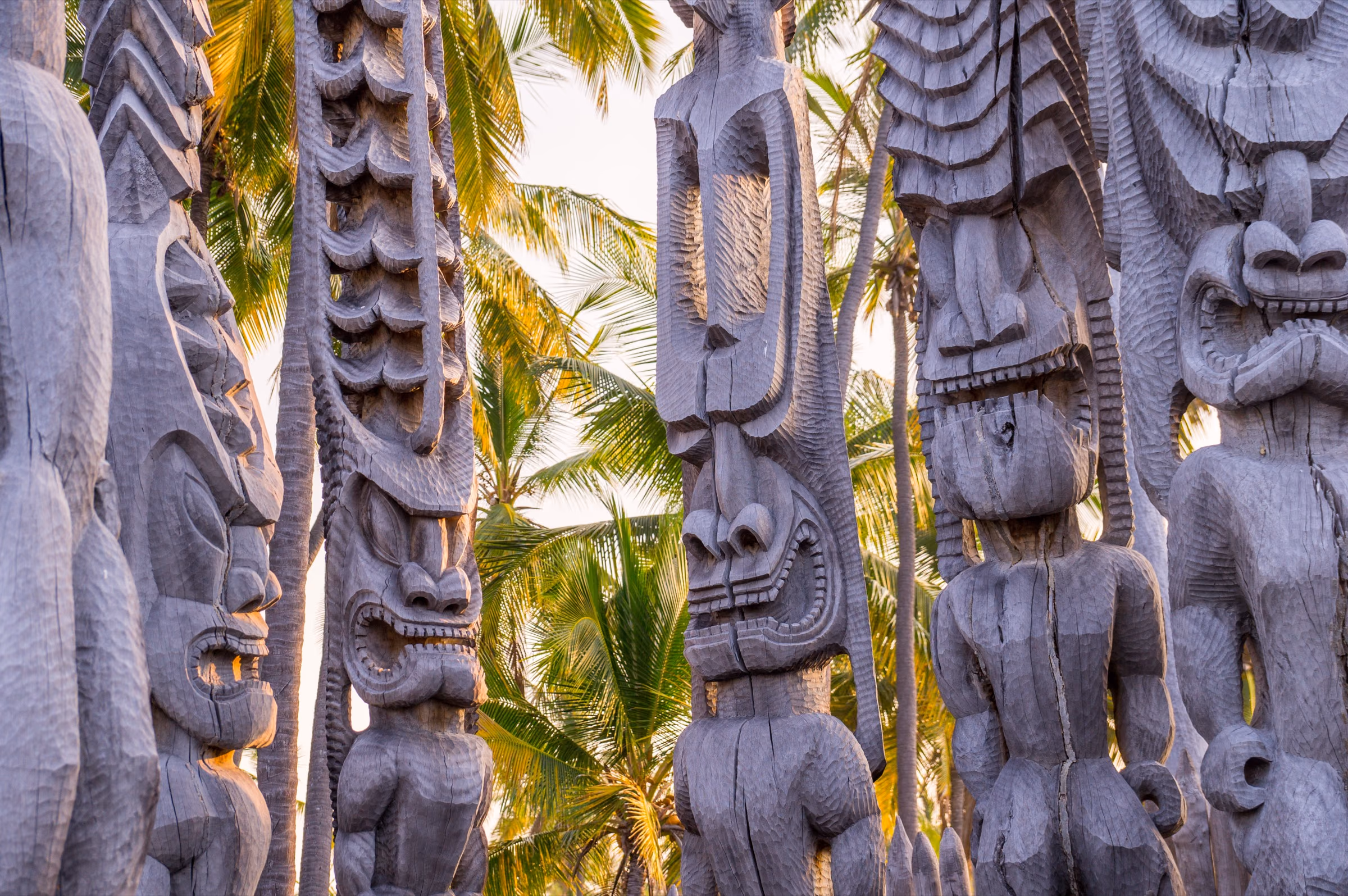 Carved wooden kiʻi guardians backlit by palms at Puʻuhonua o Hōnaunau, Hawaiʻi Island